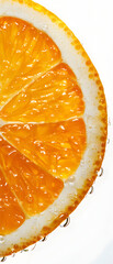 Closeup of a half of an orange slice on a white background. Copy space for text. Food photography concept.
