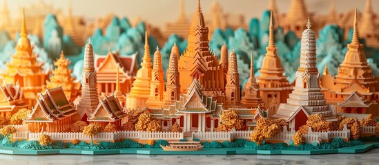Discover the beauty of Bangkok with this detailed paper craft, highlighting the city's blend of historic temples, lively markets, and modern buildings. Illustration, Minimalism,