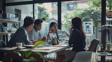 Workers in a sunlit office, collaborating on laptops and papers, fostering a blend of creativity and productivity in a modern workspace.