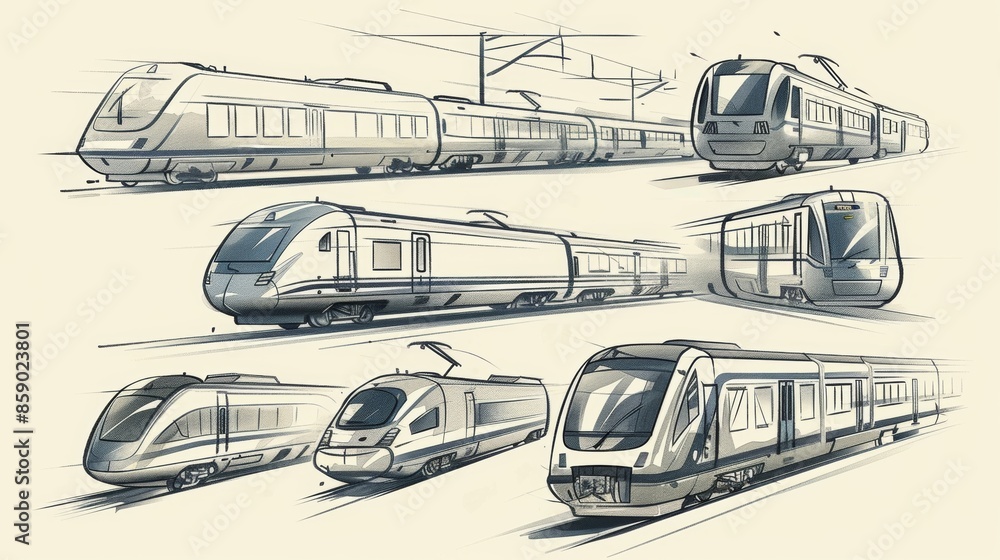 Poster a collection of different train sketches representing the many different types of trains that exist.