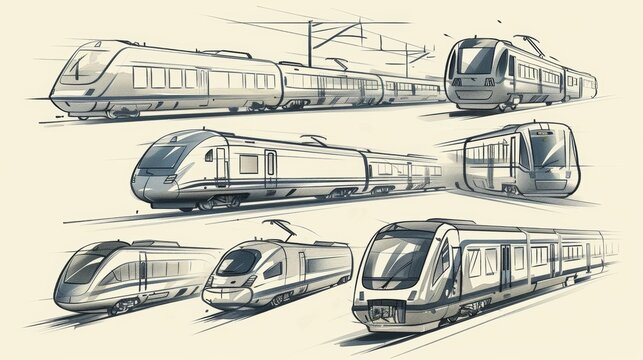 A collection of different train sketches representing the many different types of trains that exist.
