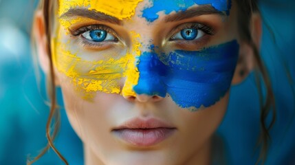 A fan girl at the Olympic Games. The flag of Ukraine is painted on her cheek.