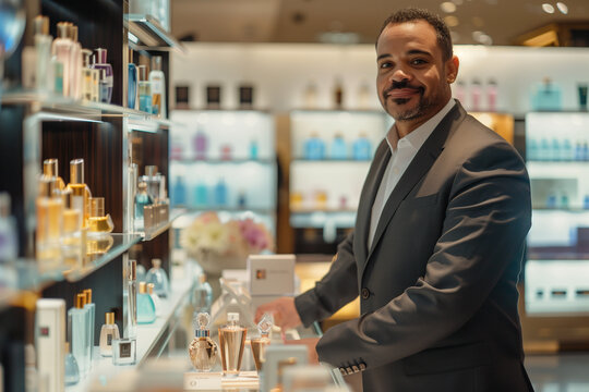 confident perfume consultant standing next to a display of the latest fragrance collection, showcasing the new perfumes to potential customers. The setting is a high-end department