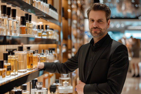 confident perfume consultant standing next to a display of the latest fragrance collection, showcasing the new perfumes to potential customers. The setting is a high-end department