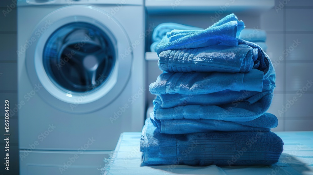 Aufkleber a stack of clean, folded towels sits near a white washing machine. the towels are neatly arranged an