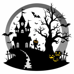 Halloween house with bats silhouette illustration 