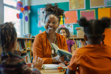 African American middle-aged woman smiling warmly as she talks to a group of diverse students in a bright classroom. She is reading from an educational book on their desk, and the