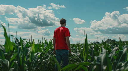 A man in a red shirt stands amidst a lush green cornfield, gazing at the expansive sky dotted with fluffy clouds.