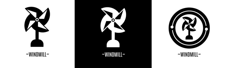 Windmill logo set. Collection of black and white logos. Stock vector.