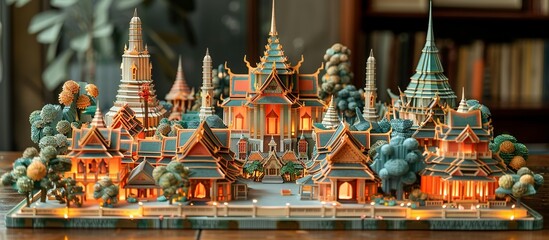 Fototapeta premium Explore the beauty of Bangkok with this detailed paper craft, showcasing the city's iconic temples, lively street markets, and modern architectural wonders in stunning detail. Illustration,