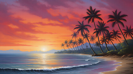 sunset beach with palm tree