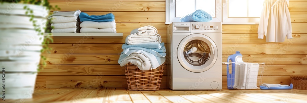 Poster A white washing machine with a clear window displaying the rotating drum is shown beside a stack of folded white laundry and towels. Generative AI