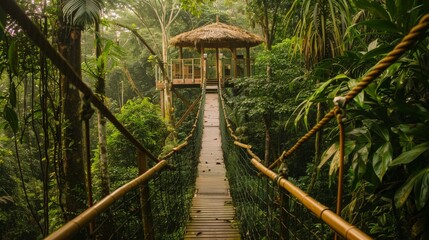 Fototapeta premium Venture into the heart of the rainforest, where the canopy stretches overhead like a green umbrella and the air is thick with the scent of life.