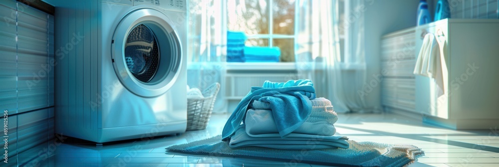 Poster a neatly folded stack of clean laundry sits next to a white washing machine in a bright bathroom. ge