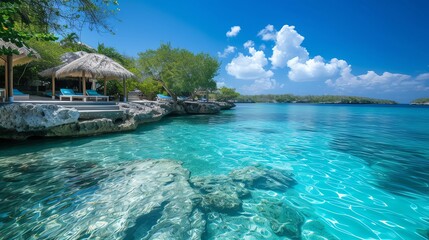 Tranquil turquoise waters lap against the rocky shore of a tropical island, with thatched-roof cabanas and lush greenery in the foreground.