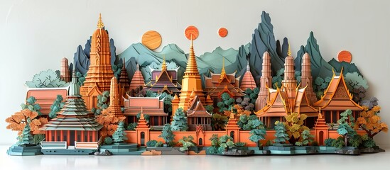 Obraz premium This detailed paper craft of Bangkok cityscape beautifully depicts the iconic landmarks, bustling markets, and serene temples, making it a best-selling illustration for travel lovers. Illustration,