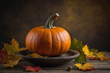 Herbstliches Stillleben, K&uuml;rbiss und orange farbige Trockenblumen auf einem alten Holztisch, Halloween mit K&uuml;rbis
