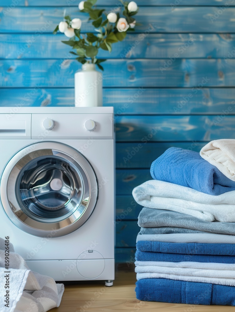 Poster a white washing machine sits in a room with blue walls. a stack of neatly folded clean laundry is be