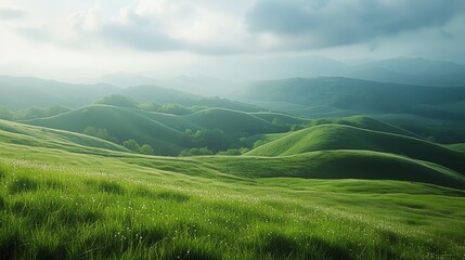 Obraz premium Rolling green hills under a cloudy sky.
