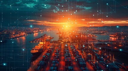 Illustrated port full of logistic activities as cargo is managed and shipped, emphasizing the crucial role ports play in global trade within a technologically advanced world.