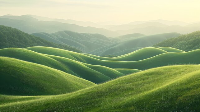 Rolling green hills and valleys in the countryside.