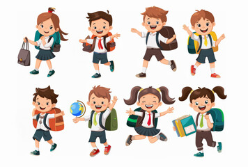 Joyful Cartoon School Children Jumping with Backpacks and School Supplies