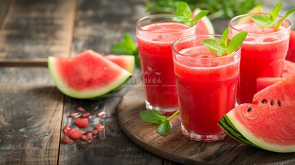 Refreshing watermelon juice with fresh mint in glasses and watermelon slices on a rustic wooden table.