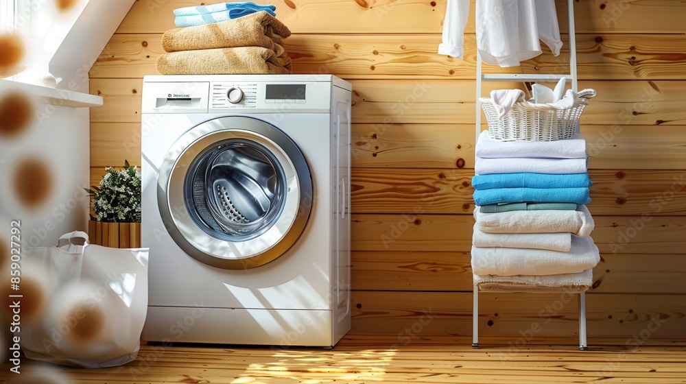 Poster a white washing machine sits next to a ladder with neatly folded laundry stacked on top. generative 