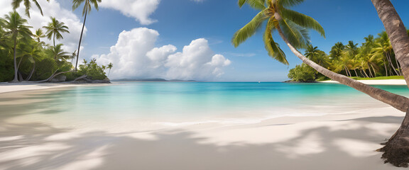 Serene beach scene with crystal clear water and white sand, tropical palm trees swaying in the breeze, perfect paradise, seascape