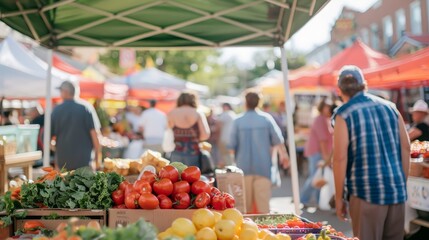 Obraz premium Visualize a bustling farmers' market filled with fresh produce, handmade goods, and the cheerful chatter of vendors and shoppers, creating a vibrant community hub.