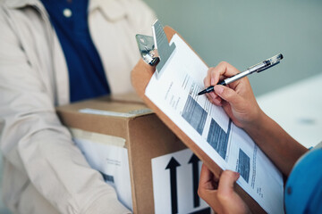 People, hands and box with signature for delivery in home with order, parcel and courier. Customer, document and invoice with package for cargo, express service and online shopping with agreement