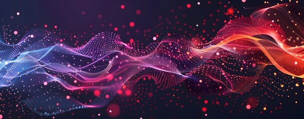 Fototapeta premium Abstract background with futuristic elements, digital waves and connections in red, pink, and blue colors on a dark purple backdrop