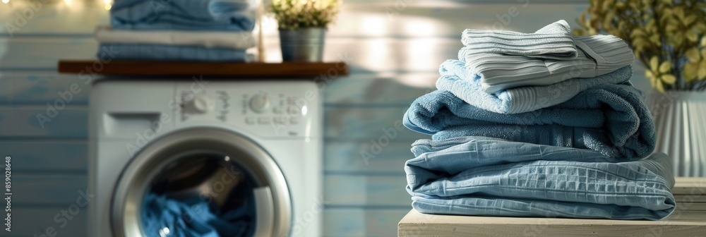 Poster a stack of freshly washed and neatly folded clothes sits on a counter beside a white washing machine