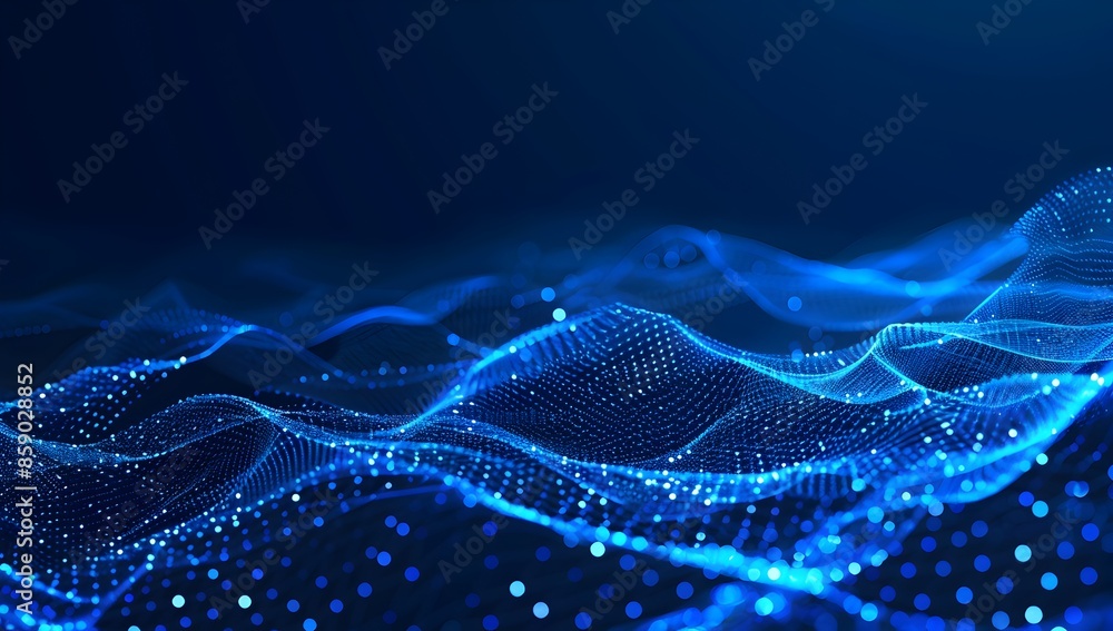 Poster Abstract blue digital background with glowing dots and network lines, technology concept for web design or data science. Low poly wireframe