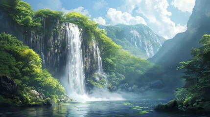 Fototapeta premium Tranquil waterfall cascading into a serene lake surrounded by lush greenery in a misty mountain valley.