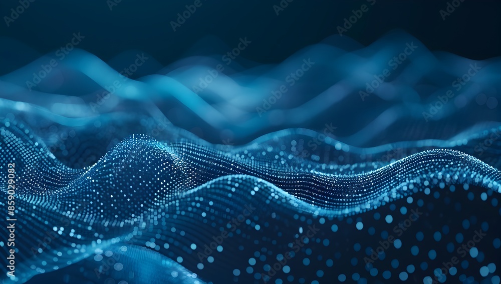 Poster abstract digital background with blue dots and lines forming the shape of an infinite wave, symboliz