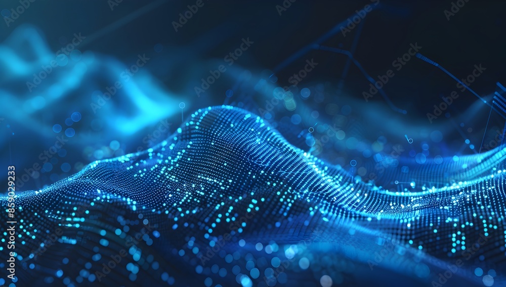 Poster abstract digital background with blue dots and lines forming the shape of an infinite wave, symboliz