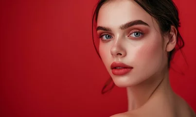 Wanddecoratie Schoonheidssalon Closeup of natural beauty Russian model with brown hair isolated on red background. Fashion, beauty, cosmetics concept. Commercial studio portrait for wallpaper, banner, poster with copy space  © Q-Zack
