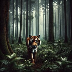 hungry tiger walking in the middle of the jungle