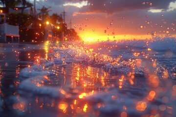 Vibrant sunset over a tropical beach with waves crashing, creating a magical reflection of golden lights on the water as night falls.