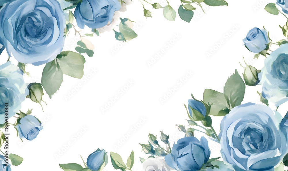 Poster watercolor frame blue roses and green leaves on white background, Generative AI