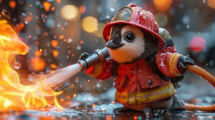 A penguin in a tiny firefighter's outfit, putting out a toy fire
