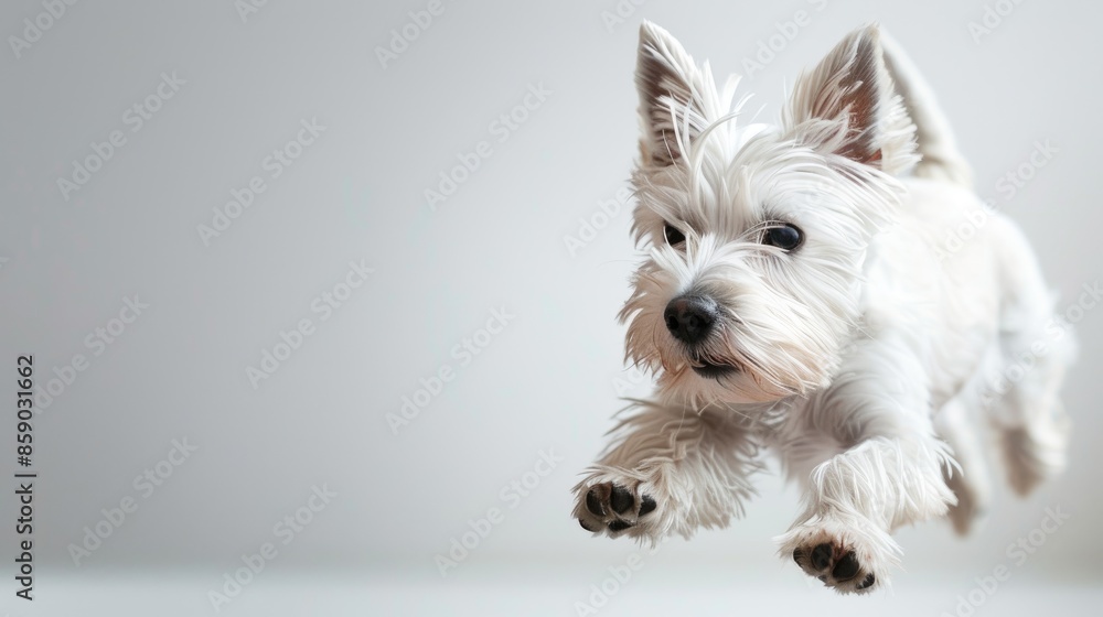 Wall mural White Westie Terrier in motion on white background with copyspace