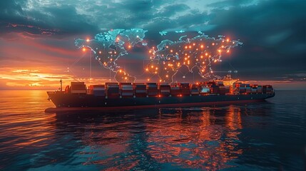 A large cargo ship sails through the calm open sea, with an overlay of a global digital network map, signifying the interconnected nature of international shipping.