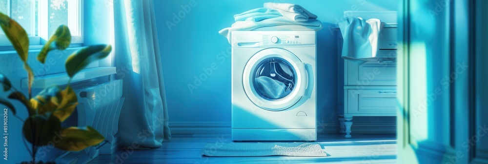 Poster a white washing machine with a load of clean, folded laundry stacked on top of it. generative ai