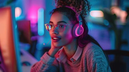 Young woman at help desk, headset, CRM mockup space, vibrant office, medium shot, professional lighting