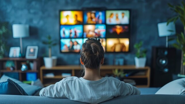 Streaming service with AI suggestions person watching movies TV shows personalized recommendations banner with copy space