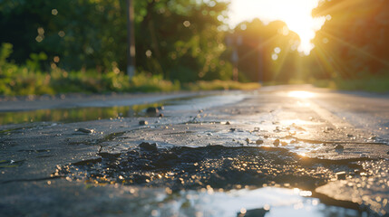 Fototapeta premium destroyed road with a big hole and water water drops fill light and sunlight and greenery in background
