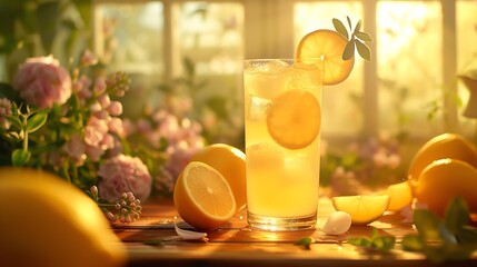 Refreshing lemonade with ice and lemons on a sunny day.