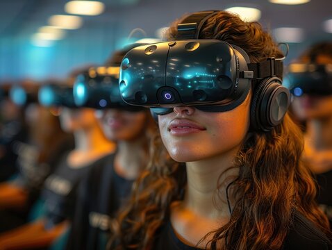 A woman wearing VR headset at a technology conference